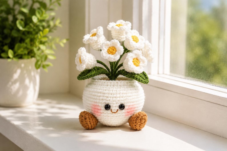 Gehäkelter Blumentopf Amigurumi Vergissmeinnicht Deko, handgefertigt, Baumwollgarn, 15-17 cm