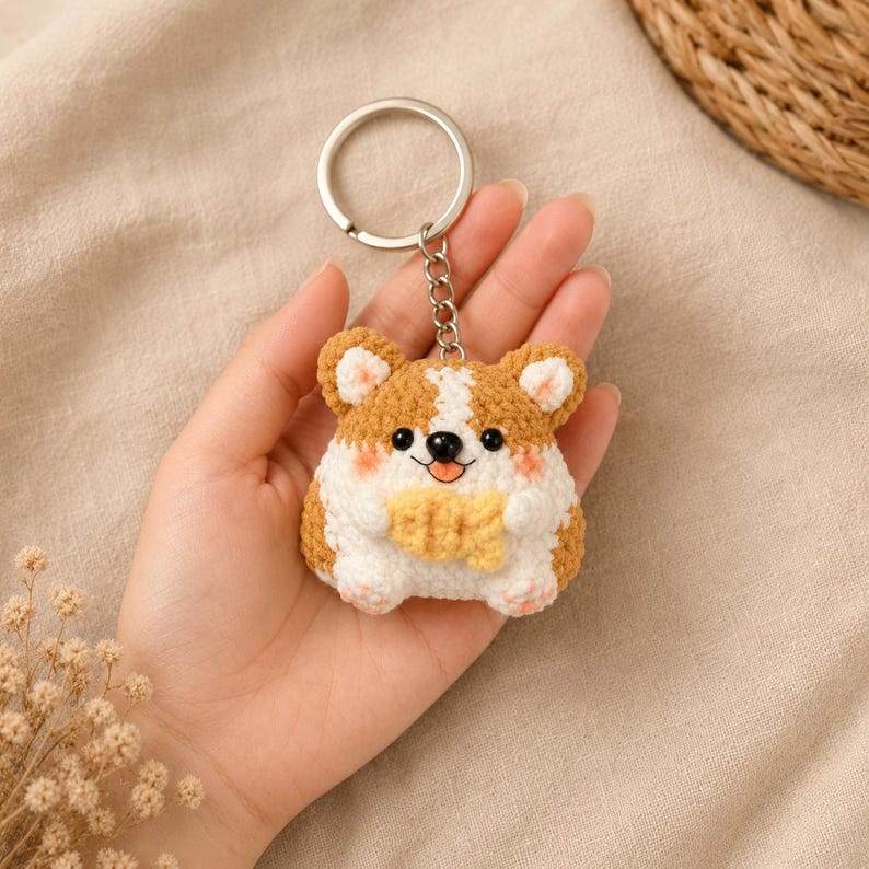 Gehäkelter Corgi-Schlüsselanhänger mit Fisch, Handgefertigter Plüsch-Taschenanhänger für Hundeliebhaber