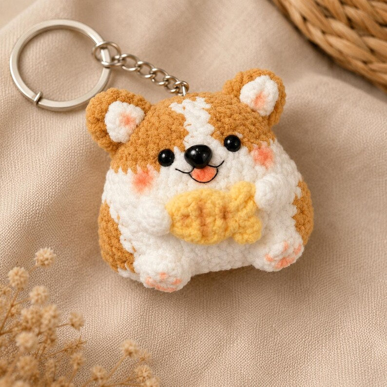 Gehäkelter Corgi-Schlüsselanhänger mit Fisch, Handgefertigter Plüsch-Taschenanhänger für Hundeliebhaber
