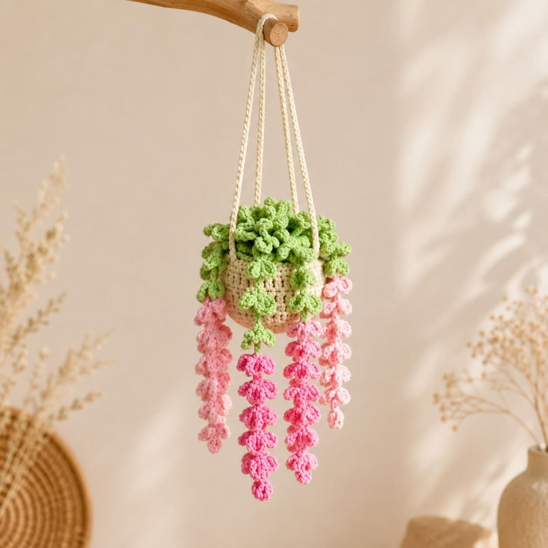 Gehäkelter Wisteria Auto-Rückspiegel Anhänger, handgemachte Blume im Topf, 15 cm, Auto-Dekoration