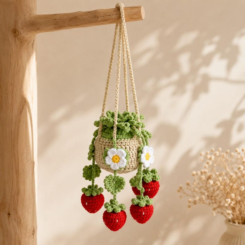 Gehäkelter Wisteria Auto-Rückspiegel Anhänger, handgemachte Blume im Topf, 15 cm, Auto-Dekoration