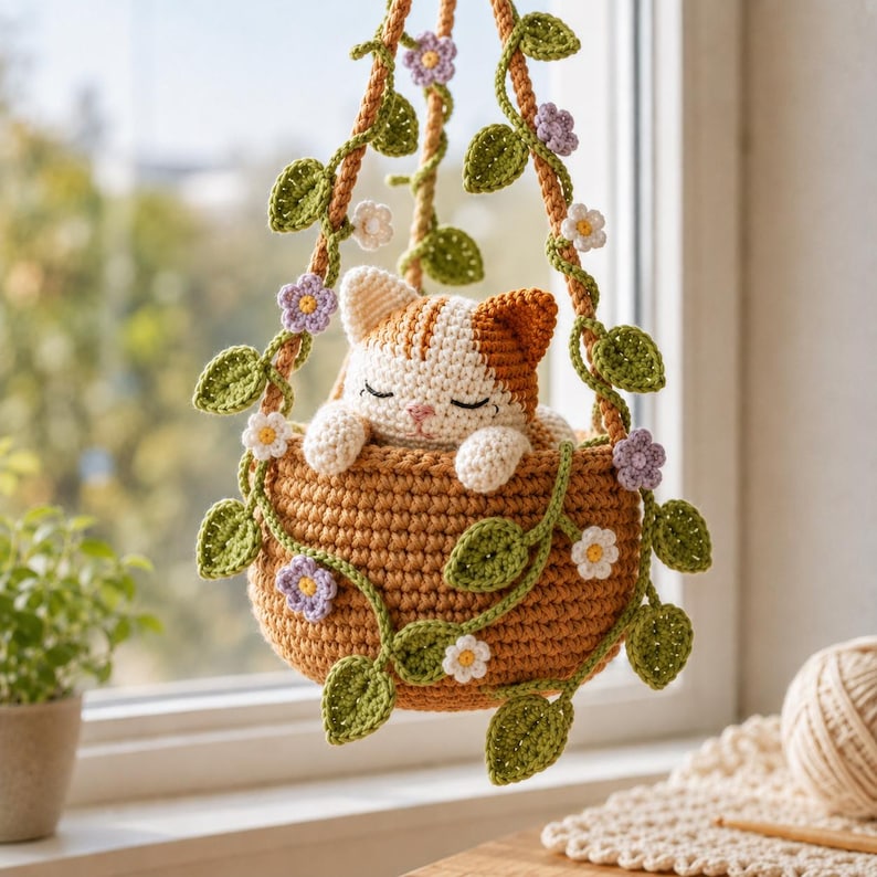 Gehäkelter Hängeblumentopf mit Katze im Calico-Stil, Wanddeko mit Katzenmotiv, handgefertigtes Geschenk für Katzenliebhaber