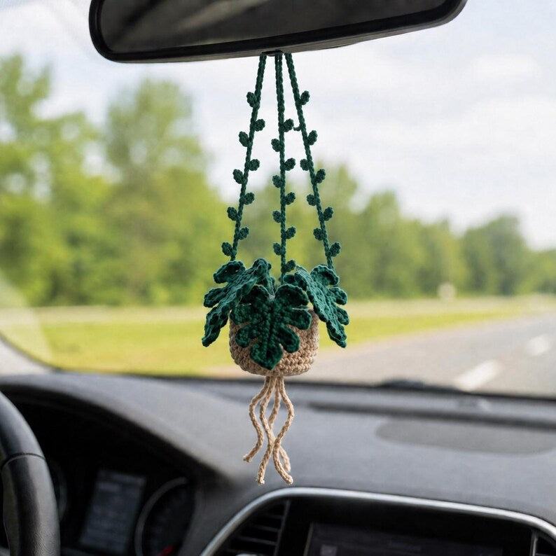 Gehäkelte Monstera Hängepflanze fürs Auto, Amigurumi Rückspiegel Anhänger, Boho Auto Deko, Geschenk für Pflanzenliebhaber