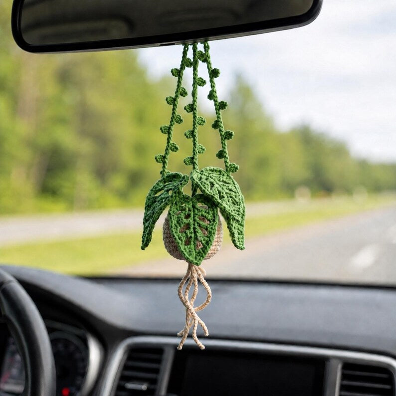 Gehäkelte Monstera Hängepflanze fürs Auto, Amigurumi Rückspiegel Anhänger, Boho Auto Deko, Geschenk für Pflanzenliebhaber
