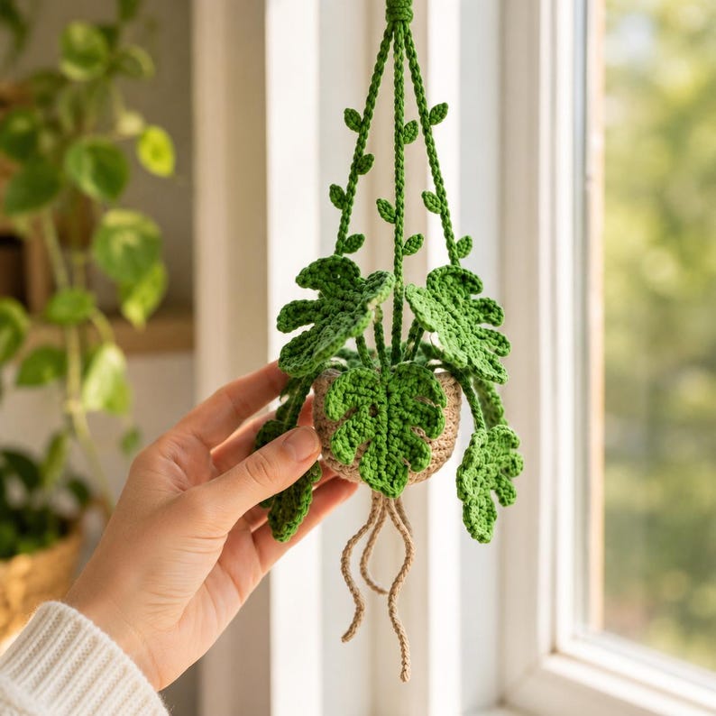 Gehäkelte Monstera Hängepflanze fürs Auto, Amigurumi Rückspiegel Anhänger, Boho Auto Deko, Geschenk für Pflanzenliebhaber