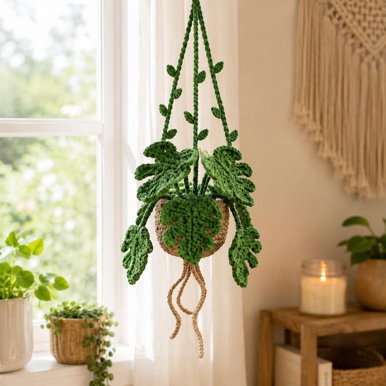 Gehäkelte Monstera Hängepflanze fürs Auto, Amigurumi Rückspiegel Anhänger, Boho Auto Deko, Geschenk für Pflanzenliebhaber