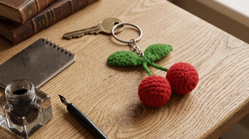 Kirsch Schlüsselanhänger Gehäkelt Taschenanhänger Handgemacht Obst Schlüsselring