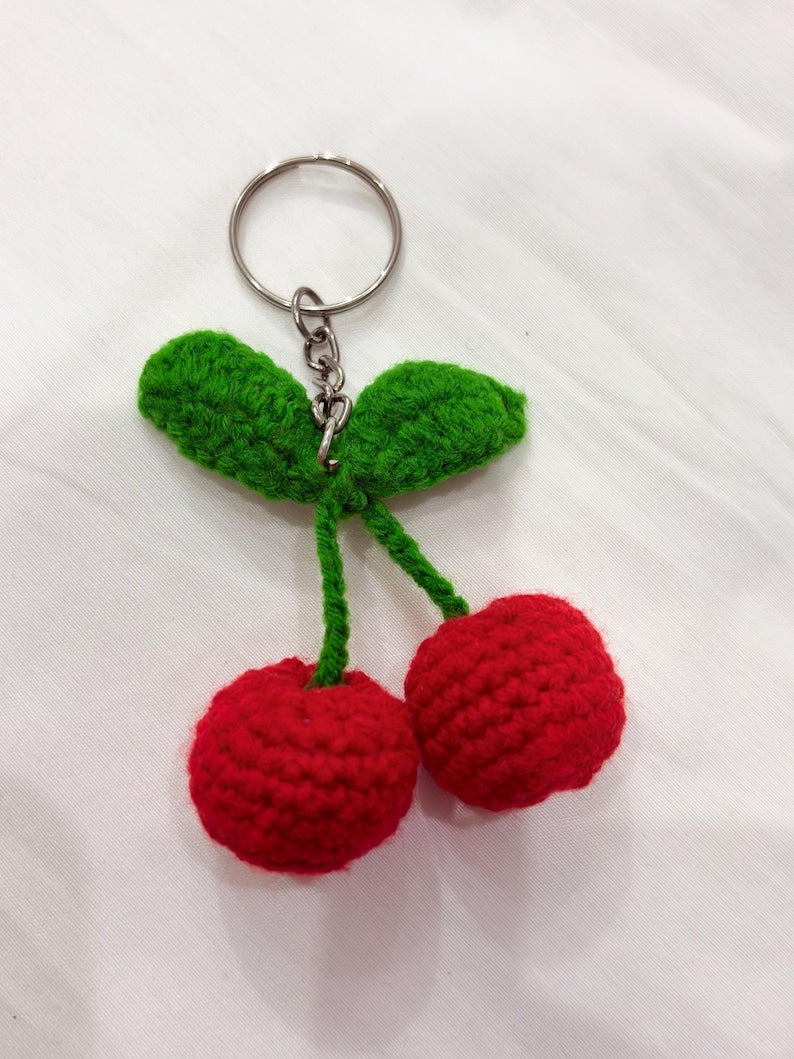 Kirsch Schlüsselanhänger Gehäkelt Taschenanhänger Handgemacht Obst Schlüsselring