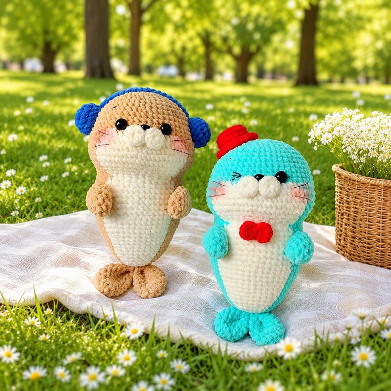 Häkel-Robbenpuppen-Set, Amigurumi-Meereswelt-Plüschtier, blaue und braune Robbe mit Accessoires, niedliche Meerestier-Deko fürs Kinderzimmer, 7-8 Zoll, Premium-Baumwollgarn