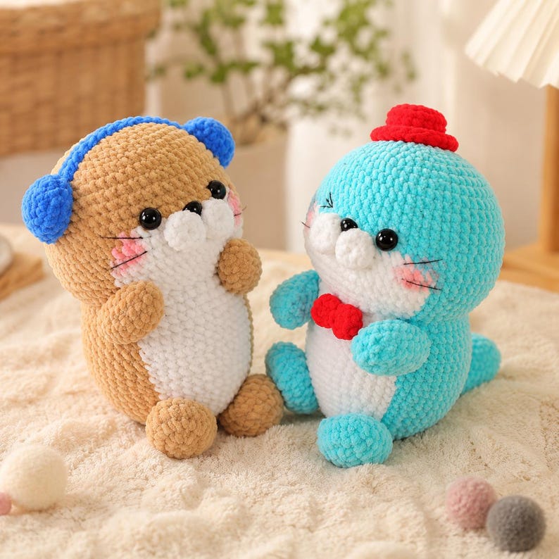 Häkel-Robbenpuppen-Set, Amigurumi-Meereswelt-Plüschtier, blaue und braune Robbe mit Accessoires, niedliche Meerestier-Deko fürs Kinderzimmer, 7-8 Zoll, Premium-Baumwollgarn