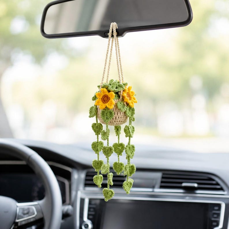 Gehäkelter Wisteria Auto-Rückspiegel Anhänger, handgemachte Blume im Topf, 15 cm, Auto-Dekoration