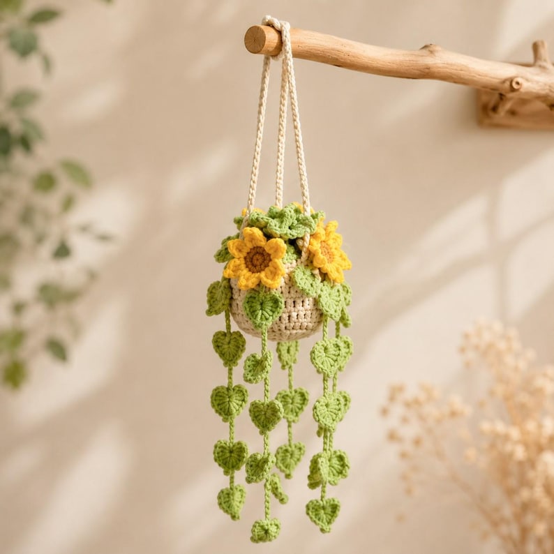 Gehäkelter Wisteria Auto-Rückspiegel Anhänger, handgemachte Blume im Topf, 15 cm, Auto-Dekoration