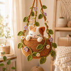 Gehäkelter Hängeblumentopf mit Katze im Calico-Stil, Wanddeko mit Katzenmotiv, handgefertigtes Geschenk für Katzenliebhaber