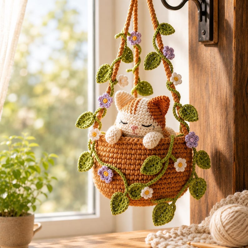 Gehäkelter Hängeblumentopf mit Katze im Calico-Stil, Wanddeko mit Katzenmotiv, handgefertigtes Geschenk für Katzenliebhaber