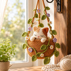 Gehäkelter Hängeblumentopf mit Katze im Calico-Stil, Wanddeko mit Katzenmotiv, handgefertigtes Geschenk für Katzenliebhaber