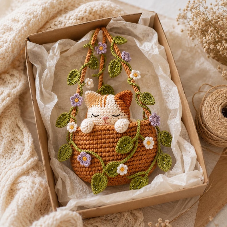 Gehäkelter Hängeblumentopf mit Katze im Calico-Stil, Wanddeko mit Katzenmotiv, handgefertigtes Geschenk für Katzenliebhaber