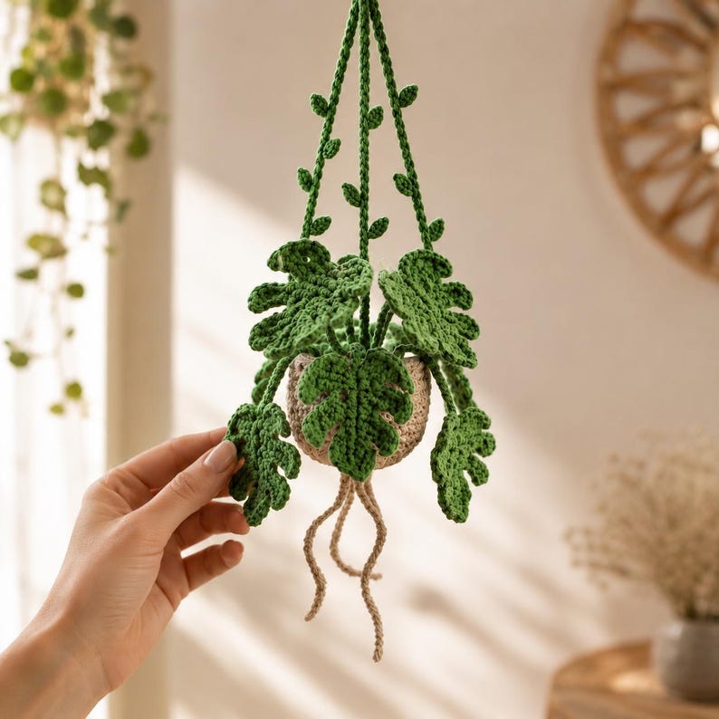 Gehäkelte Monstera Hängepflanze fürs Auto, Amigurumi Rückspiegel Anhänger, Boho Auto Deko, Geschenk für Pflanzenliebhaber