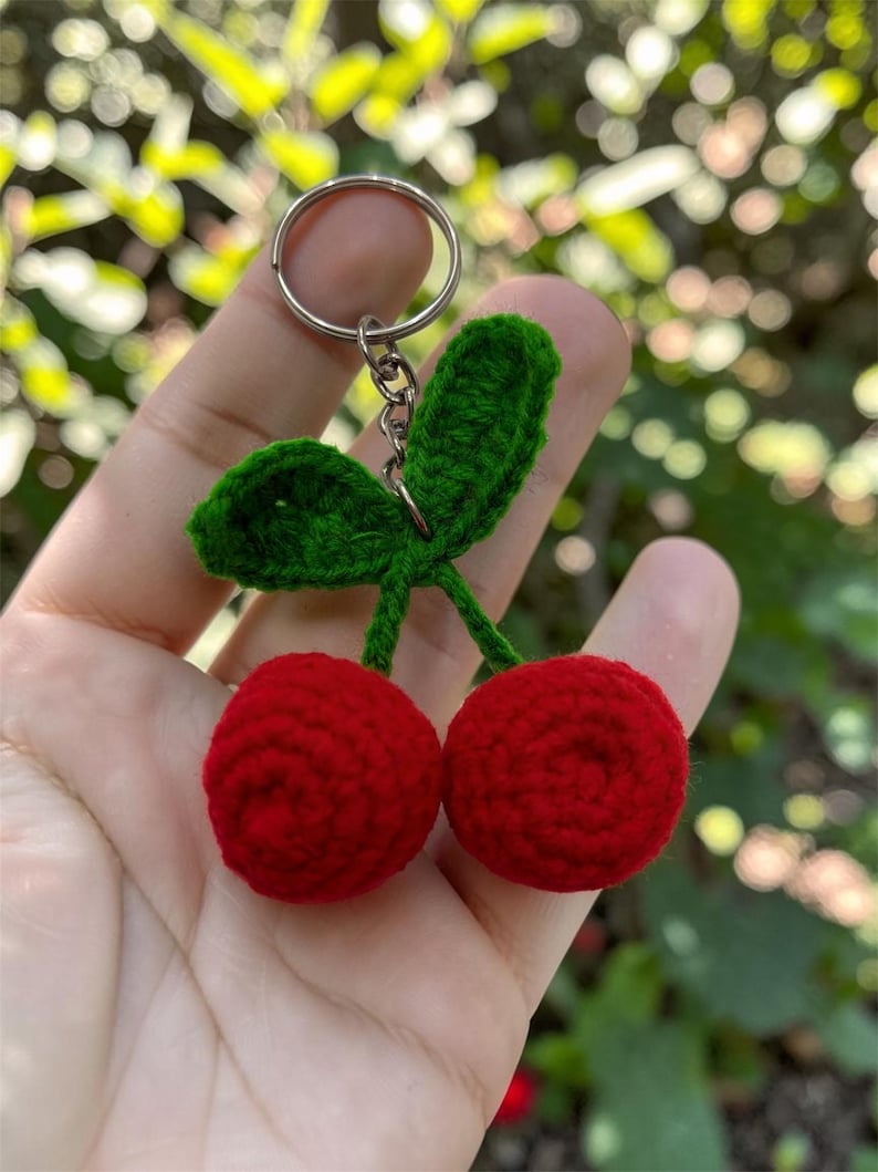 Kirsch Schlüsselanhänger Gehäkelt Taschenanhänger Handgemacht Obst Schlüsselring
