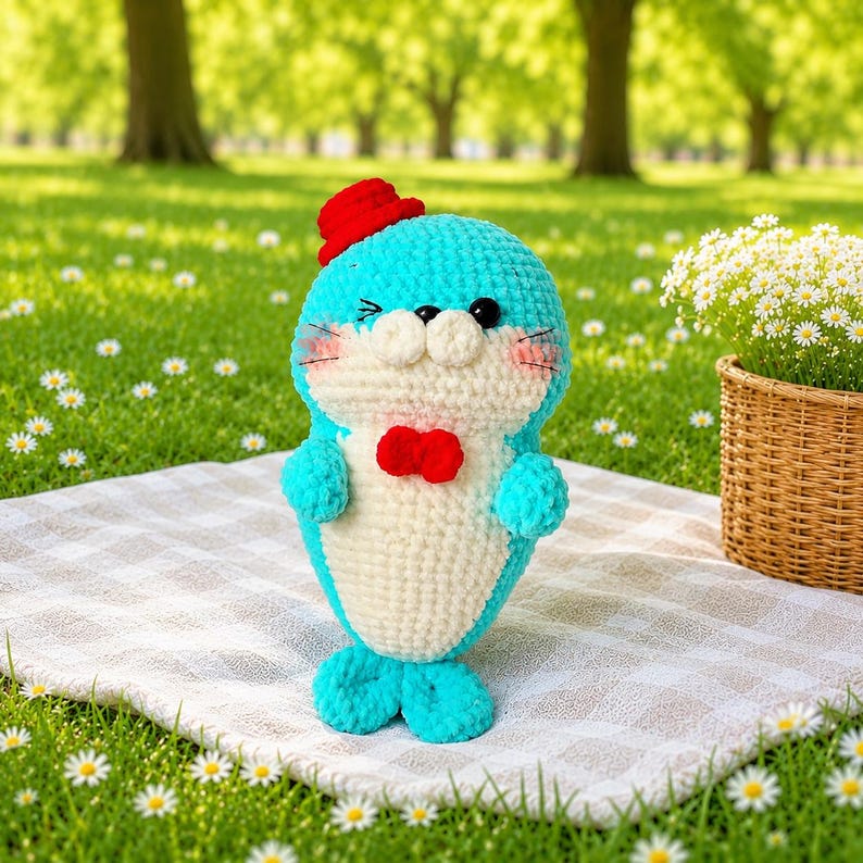 Häkel-Robbenpuppen-Set, Amigurumi-Meereswelt-Plüschtier, blaue und braune Robbe mit Accessoires, niedliche Meerestier-Deko fürs Kinderzimmer, 7-8 Zoll, Premium-Baumwollgarn