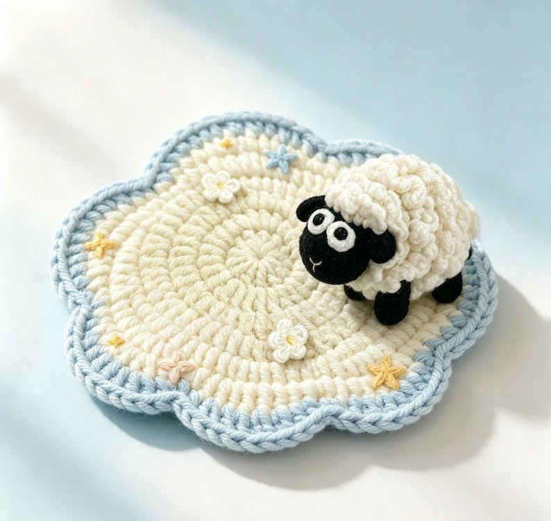 Handgehäkelter Schaf-Untersetzer, 4 Designs, Lamm-Tassenuntersetzer, gestrickter Getränkeuntersetzer, Cottagecore-Wohndekoration