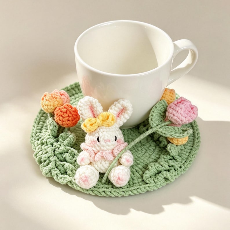 Gehäkelter Untersetzer mit Hasen-Tulpenmotiv, handgefertigter floraler Tassenuntersetzer, Cottagecore-Deko