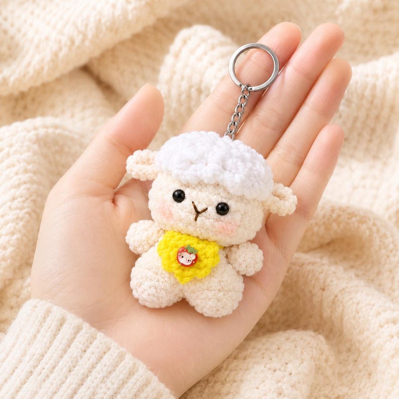Handgefertigter Amigurumi-Lamm-Schlüsselanhänger mit Blumenaccessoire