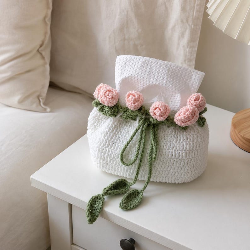 Handgehäkelte Taschentuchbox-Hülle mit Rosenblume, Blumendeko für Schlafzimmer und Wohnzimmer