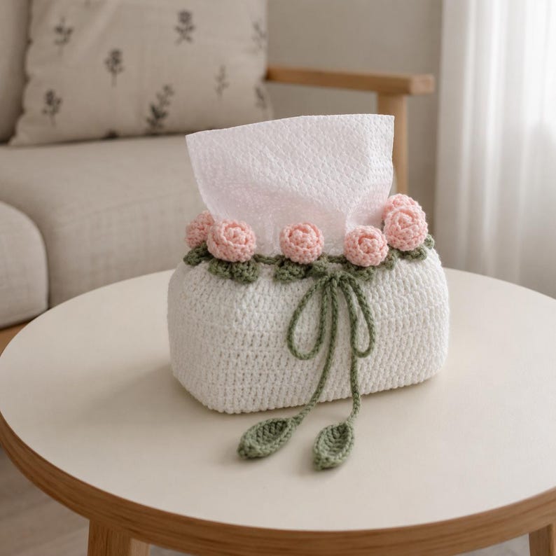 Handgehäkelte Taschentuchbox-Hülle mit Rosenblume, Blumendeko für Schlafzimmer und Wohnzimmer