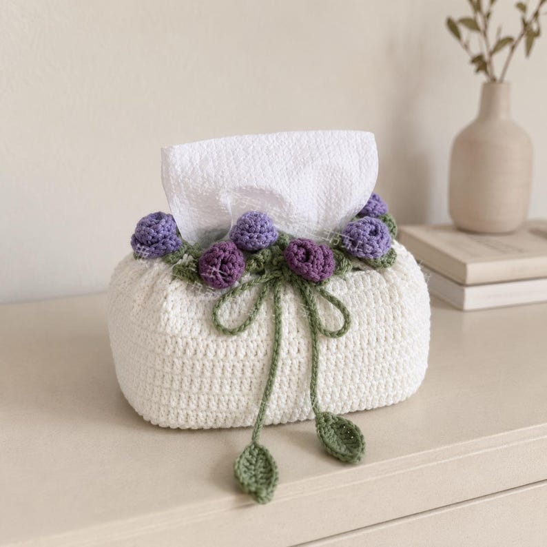 Handgehäkelte Taschentuchbox-Hülle mit Rosenblume, Blumendeko für Schlafzimmer und Wohnzimmer