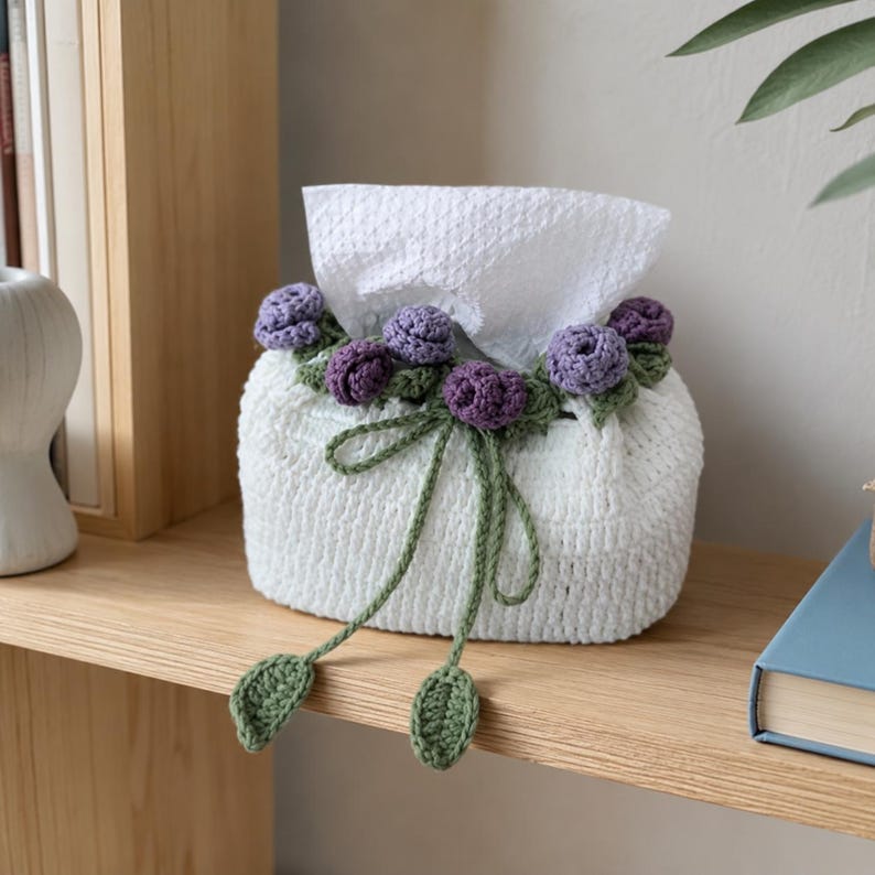 Handgehäkelte Taschentuchbox-Hülle mit Rosenblume, Blumendeko für Schlafzimmer und Wohnzimmer
