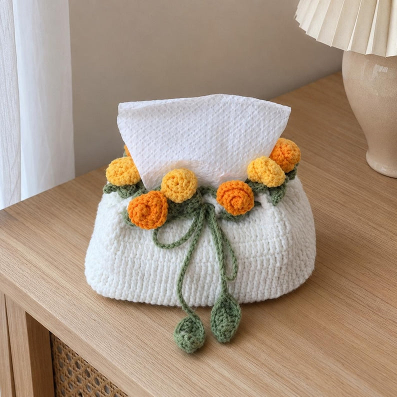Handgehäkelte Taschentuchbox-Hülle mit Rosenblume, Blumendeko für Schlafzimmer und Wohnzimmer
