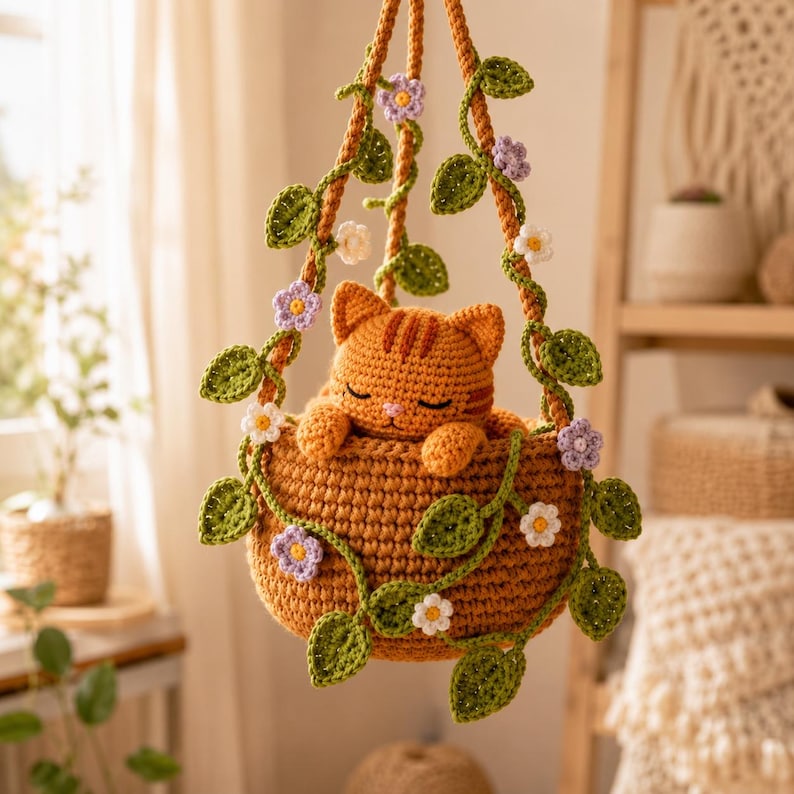 Gehäkelter Hängeblumentopf mit Katze im Calico-Stil, Wanddeko mit Katzenmotiv, handgefertigtes Geschenk für Katzenliebhaber