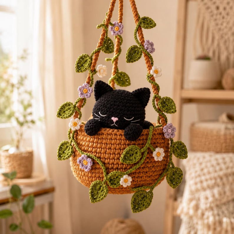 Gehäkelter Hängeblumentopf mit Katze im Calico-Stil, Wanddeko mit Katzenmotiv, handgefertigtes Geschenk für Katzenliebhaber