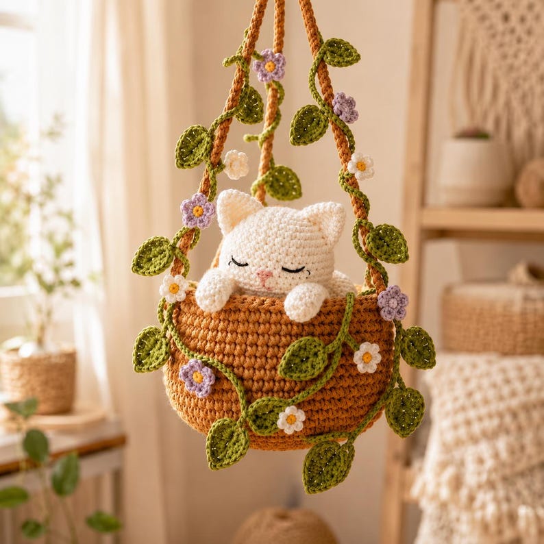 Gehäkelter Hängeblumentopf mit Katze im Calico-Stil, Wanddeko mit Katzenmotiv, handgefertigtes Geschenk für Katzenliebhaber
