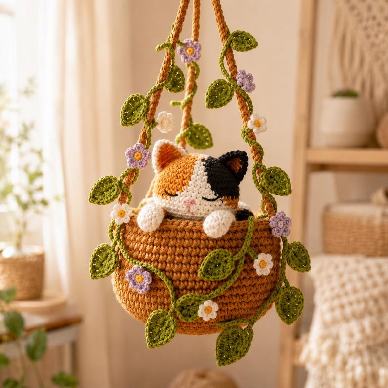 Gehäkelter Hängeblumentopf mit Katze im Calico-Stil, Wanddeko mit Katzenmotiv, handgefertigtes Geschenk für Katzenliebhaber