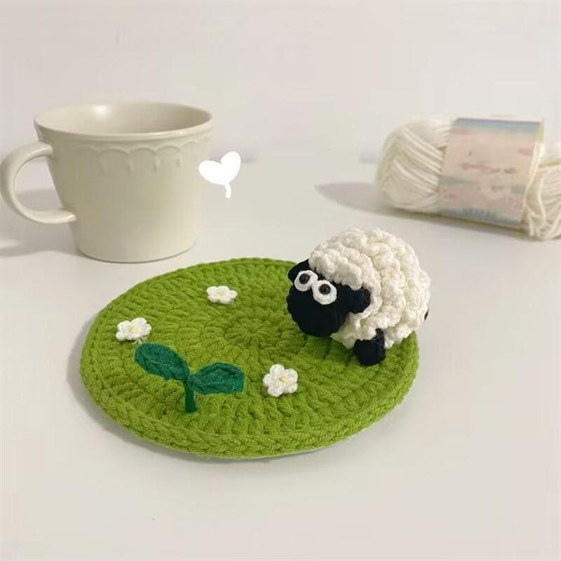 Handgehäkelter Schaf-Untersetzer, 4 Designs, Lamm-Tassenuntersetzer, gestrickter Getränkeuntersetzer, Cottagecore-Wohndekoration