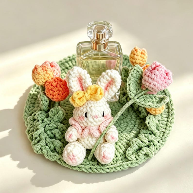 Gehäkelter Untersetzer mit Hasen-Tulpenmotiv, handgefertigter floraler Tassenuntersetzer, Cottagecore-Deko