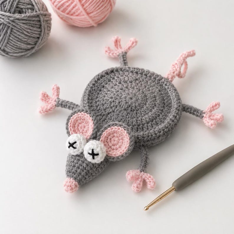 Gehäkelter Maus-Tassenuntersetzer, Grau mit Rosa Ohren, 3D Tierform für Kaffeetassen