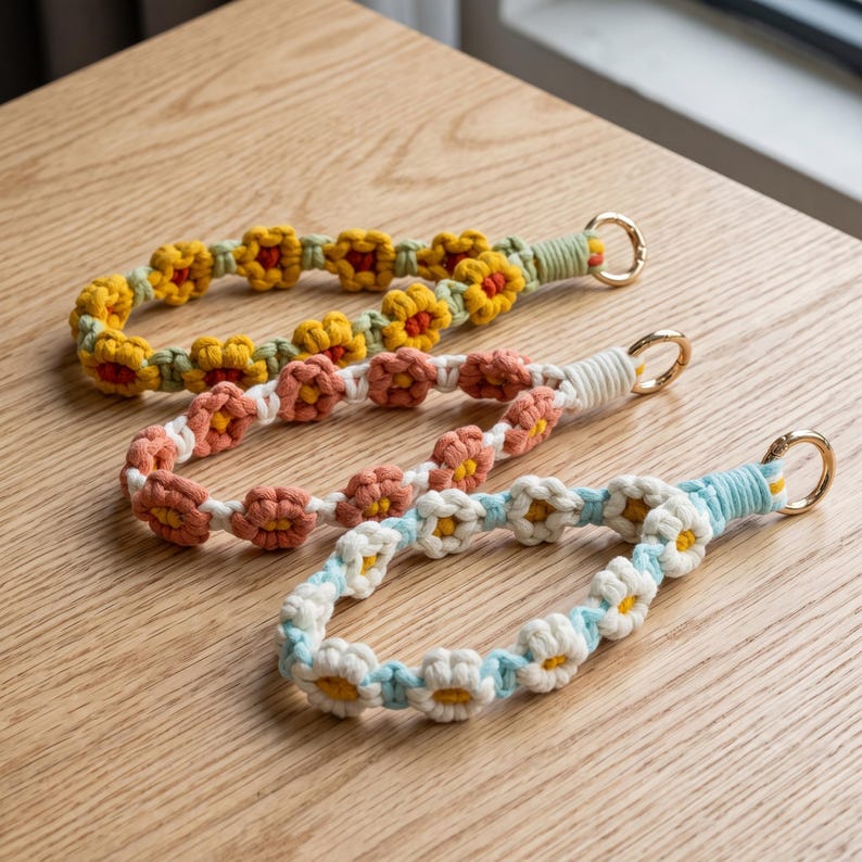 Gehäkeltes Gänseblümchen-Handyarmband mit O-Ring-Verschluss, 20 cm Länge