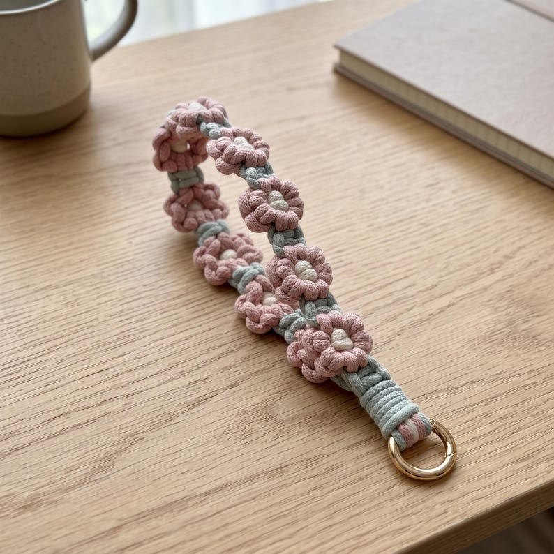 Gehäkeltes Gänseblümchen-Handyarmband mit O-Ring-Verschluss, 20 cm Länge
