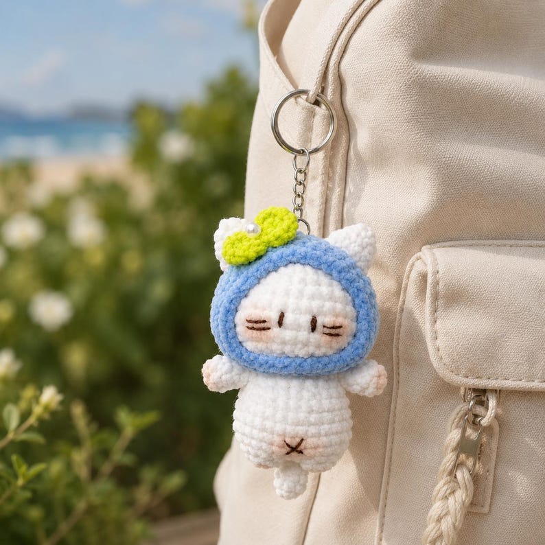 Handgehäkelter Katzen-Schlüsselanhänger Amigurumi Mini Taschenanhänger, weiches Garn, 4-6 cm, verschiedene Farben