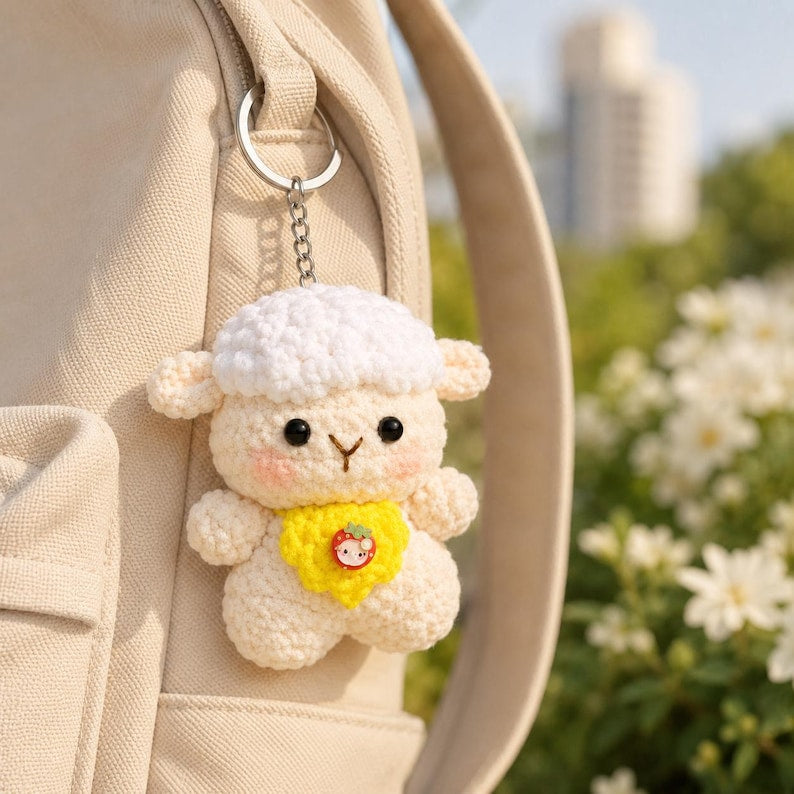 Handgefertigter Amigurumi-Lamm-Schlüsselanhänger mit Blumenaccessoire