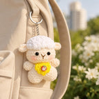 Handgefertigter Amigurumi-Lamm-Schlüsselanhänger mit Blumenaccessoire