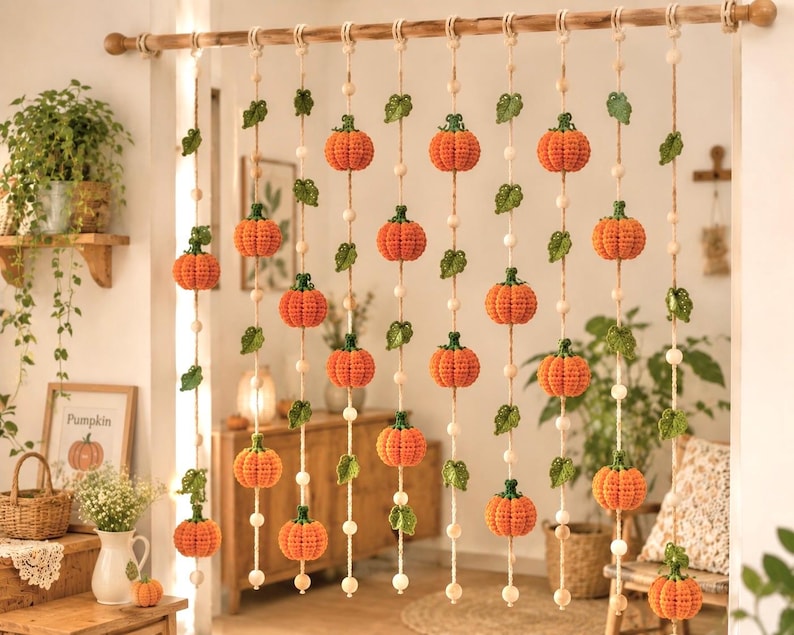 Gehäkelte Kürbis-Girlande, Herbstliche Fensterdeko, Halloween-Hängedeko, Boho-Wohndeko