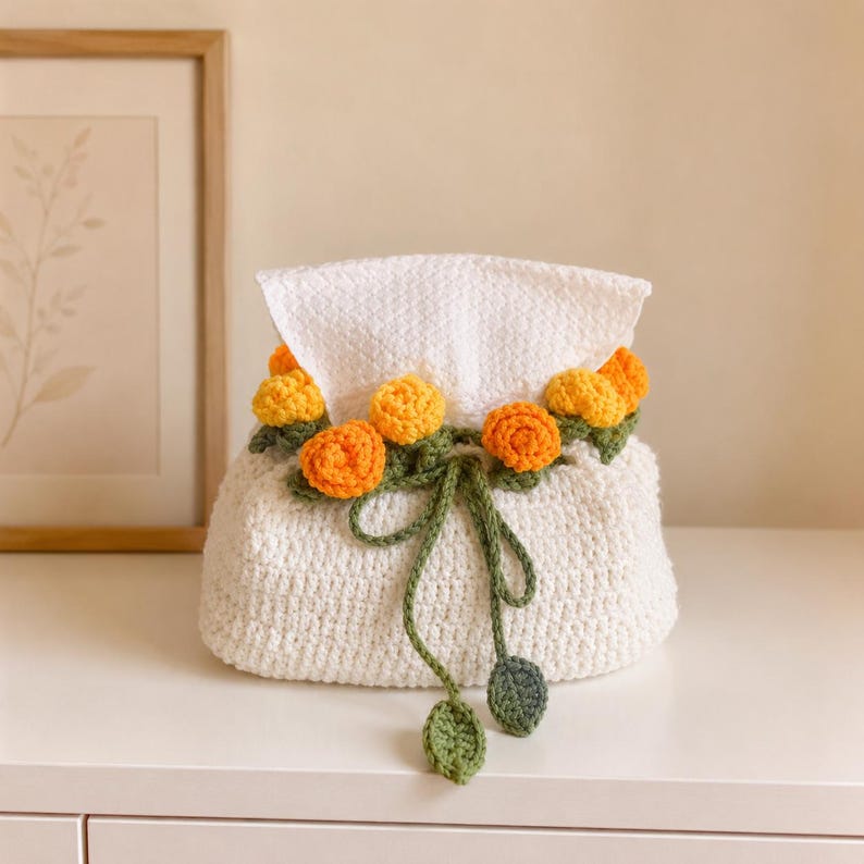 Handgehäkelte Taschentuchbox-Hülle mit Rosenblume, Blumendeko für Schlafzimmer und Wohnzimmer