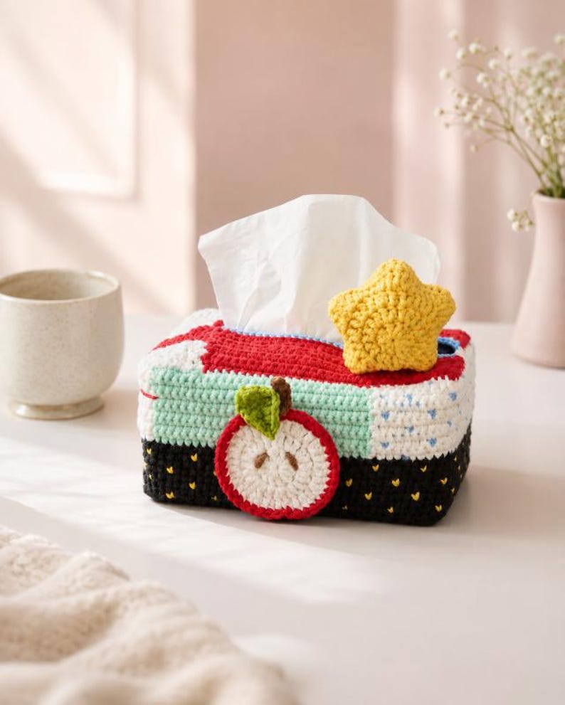Gehäkelte Apfel-Taschentuchbox-Hülle, Handgefertigte Fruchtdekoration, Garn