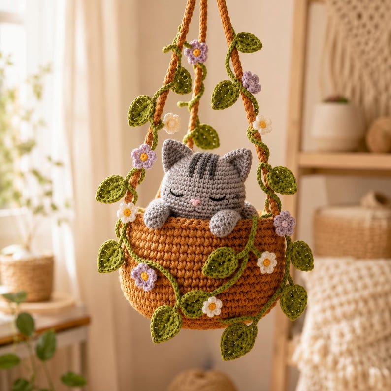 Gehäkelter Hängeblumentopf mit Katze im Calico-Stil, Wanddeko mit Katzenmotiv, handgefertigtes Geschenk für Katzenliebhaber