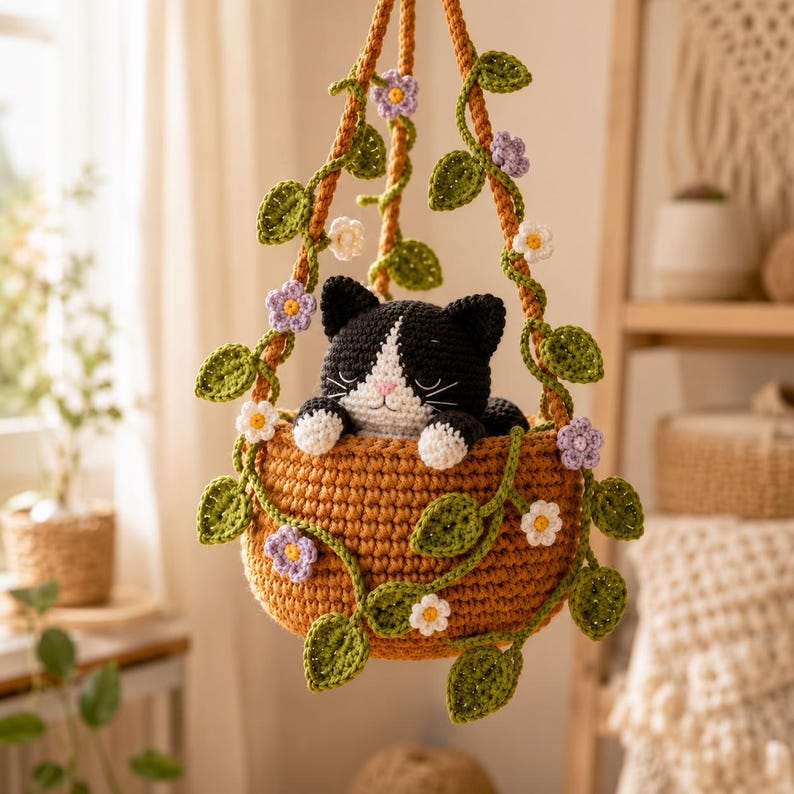 Gehäkelter Hängeblumentopf mit Katze im Calico-Stil, Wanddeko mit Katzenmotiv, handgefertigtes Geschenk für Katzenliebhaber