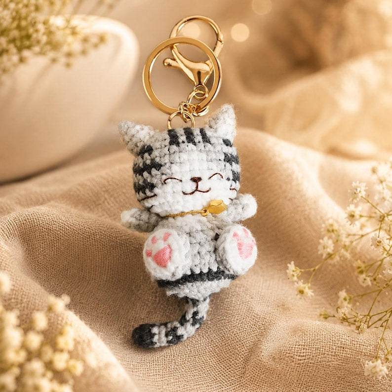 Handgehäkelter Katzen-Schlüsselanhänger, Kawaii-Katzen-Taschenanhänger für Rucksack und Tasche, 30 g