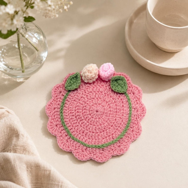 Gehäkelter Blumenuntersetzer, Boho-Tassenset, florale Tischdekoration, handgefertigt, 20 cm, für Tassen und Gläser